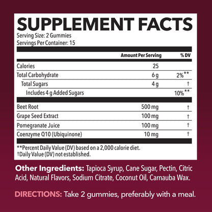 Beet Root Gummies with COQ10 and Grape Seed, Mixed Berry, 30 Servings - Nitric Oxide Supplement with Beetroot, Grape Seed Extract and COQ10 for Performance and Recovery, Vegan, Non-GMO, Gluten-Free