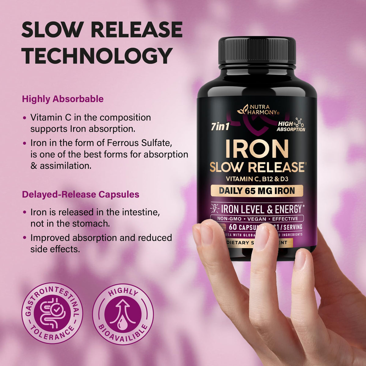 Iron Supplement for Women - Iron 65mg (Ferrous Sulfate 325mg) - Stomach Friendly - Slow Release Iron - High Absorption - Vitamins C, D3, B6, B12 & Folate