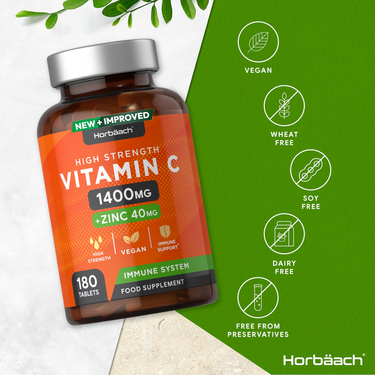 Vitamin C and Zinc - 180 Vegan Tablets - High Strength Vitamin C 1400mg and Zinc 40mg
