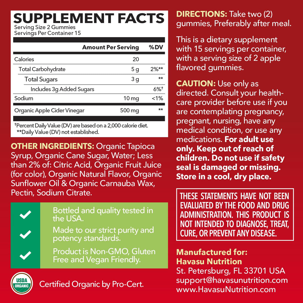 Apple Cider Vinegar Gummies, USDA Organic, Apple Flavor, 1-Month Supply - USDA Organic ACV Gummies for Digestive Health, Metabolism & Gut Support, Vegan, Gluten-Free, No Harsh Taste, 60ct