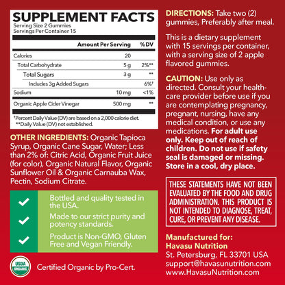 Apple Cider Vinegar Gummies, USDA Organic, Apple Flavor, 1-Month Supply - USDA Organic ACV Gummies for Digestive Health, Metabolism & Gut Support, Vegan, Gluten-Free, No Harsh Taste, 60ct