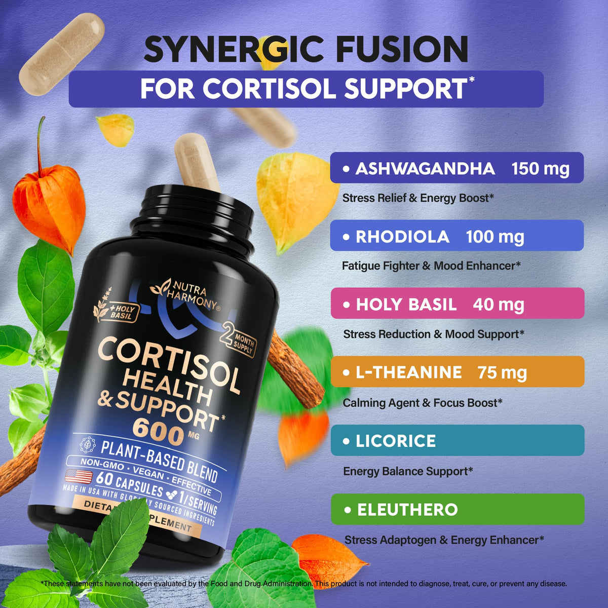 Cortisol Supplement for Women - Holy Basil - Ashwagandha - Rhodiola - L-Theanine - Plant-Based Hormone Balance - Mood, Focus & Sleep Support - Made in USA