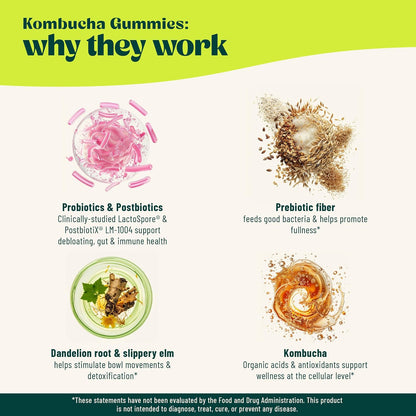 BoochBod - Probiotic Kombucha Gummy - Prebiotics, Probiotics, Postbiotics, Fiber Supplement, Slippery Elm, Dandelion Root, MCT Oil, for Bloating, Gut Health - Berry Bliss - Lemon Lime - Bundle & Save