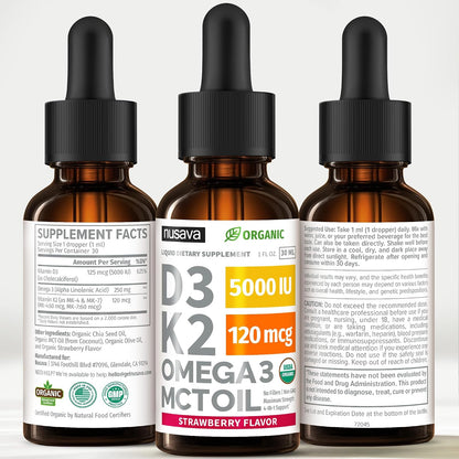 NUSAVA Vitamin B12 Liquid Drops and Strawberry Flavored D3 K2 Bundle - Daily Wellness Liquid Vitamins for Energy & Immune Support - Non-GMO, Gluten-Free, 2pk Each