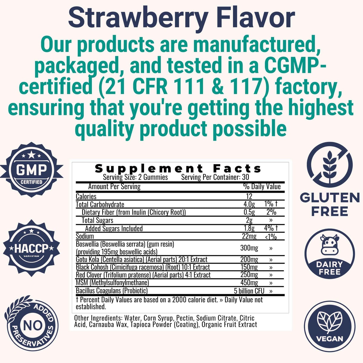 Boswellia Serrata Black Cohosh Gotu Kola Red Clover Extract Complex Gummies w. Probiotic Fiber (Chicory Root Inulin) MSM Methylsulfonylmethane, Supplement Alt for Organic Powder Capsules Tincture