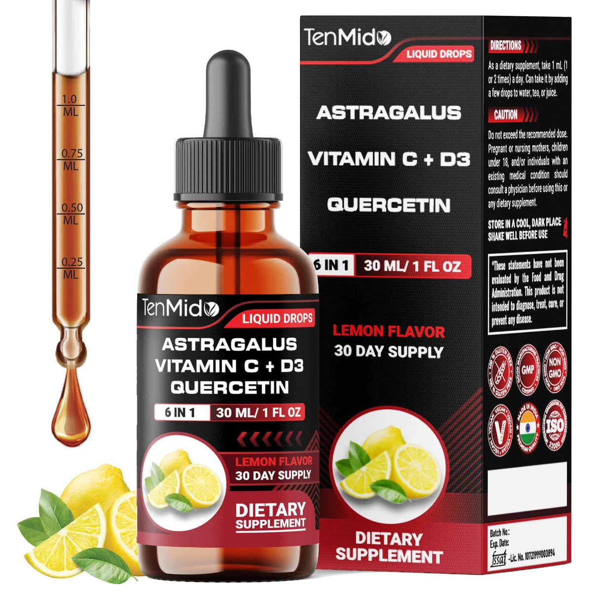 Tenmido 6-in-1 Astragalus Root Tincture - Herbal Extract Supplements with Quercetin, Rhodiola Rosea, Vitamin D3, Vitamin C, and Zinc - Vegan, Non-GMO - 30ml 1 Fl Oz
