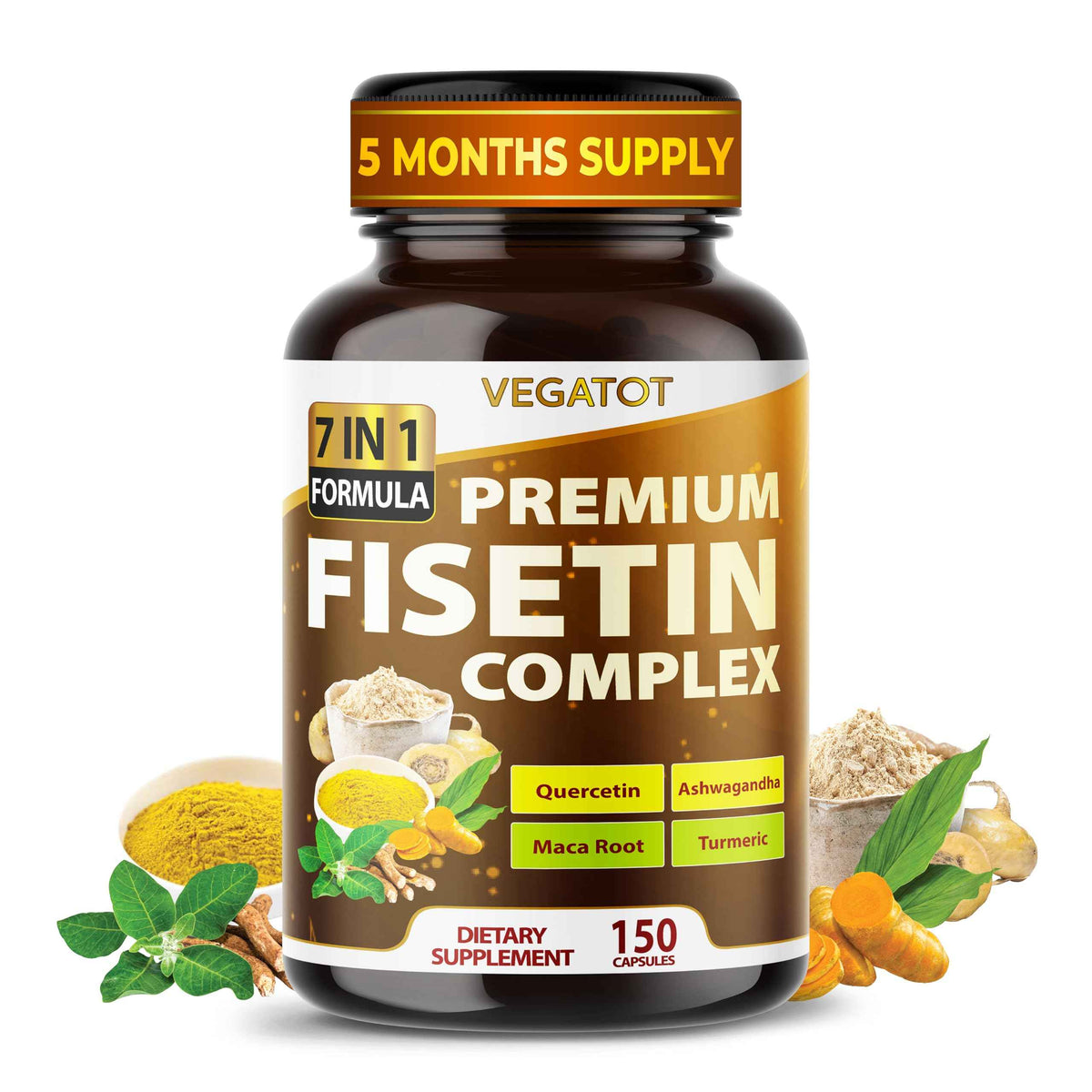 VEGATOT Organic Fisetin Complex 7-in-1 Formula - with Quercetin, Resveratrol, Ashwagandha, Maca Root, Turmeric, Black Pepper - 150 Capsules - Non-GMO, Gluten-Free