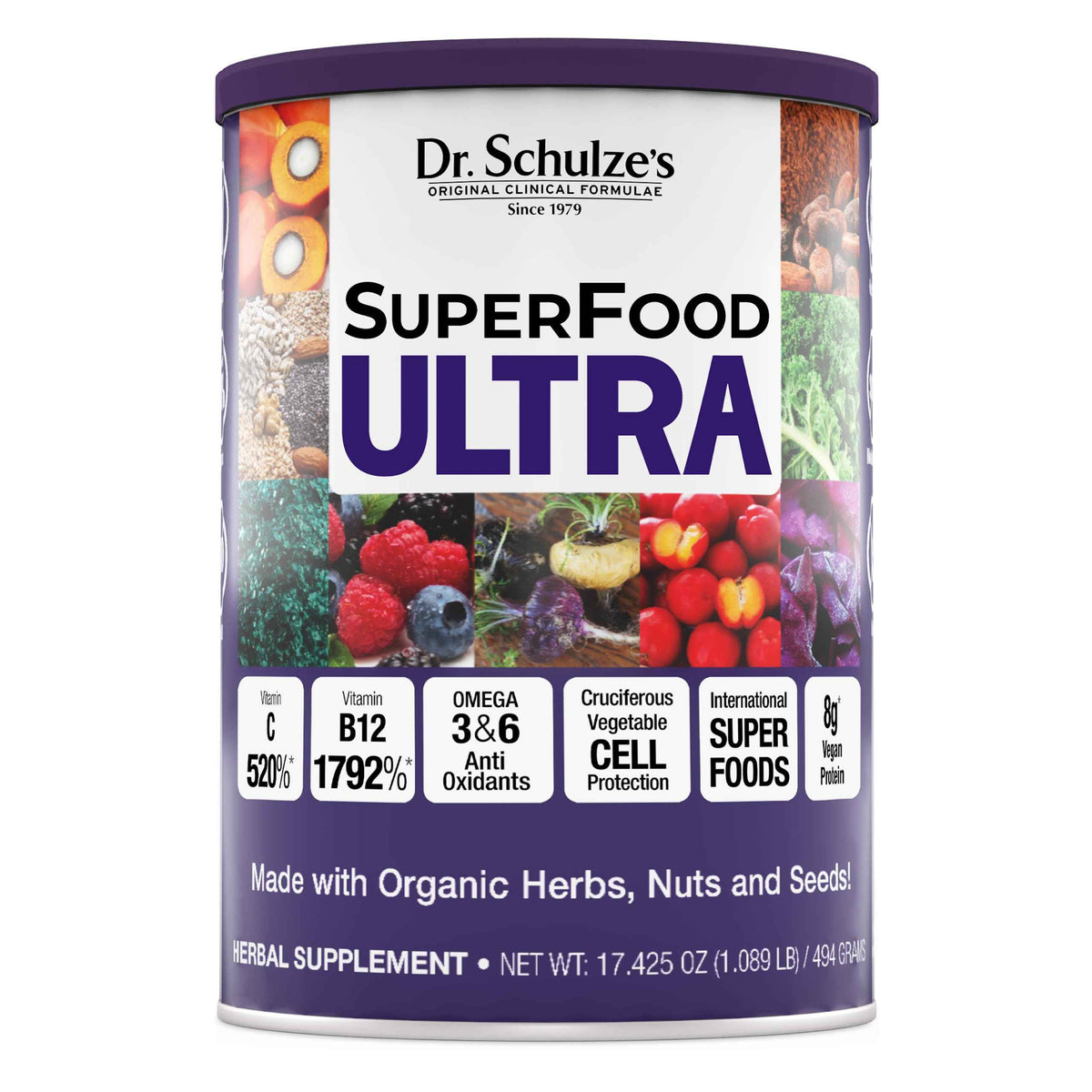 Dr. Schulze's SuperFood Ultra - Organic Super Food Powder - Vitamin B Complex and 520% Vitamin C - May Help Boost Energy & Improve Fitness - Vegan, Non-GMO & Gluten-Free - 17.4 Oz