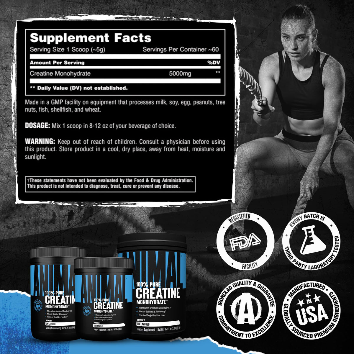 Animal Creatine Monohydrate Powder - Micronized for Muscle Recovery, Cellular Energy, and Daily Wellness - for Men and Women