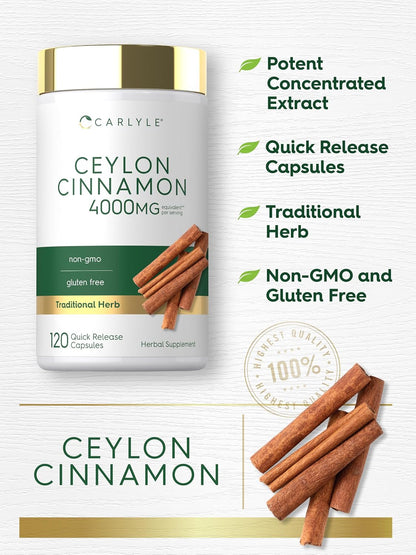 Carlyle Ceylon Cinnamon Capsules - 120 Count - Non-GMO & Gluten Free Supplement