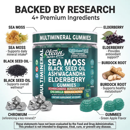 Sea Moss Gummies - Clinically Tested - Black Seed Oil Ashwagandha Elderberry Burdock Root Chlorella Manuka Honey - Vegan Irish Sea Moss Gummy Vitamins for Adults Kids Men Women - Green Apple Flavor