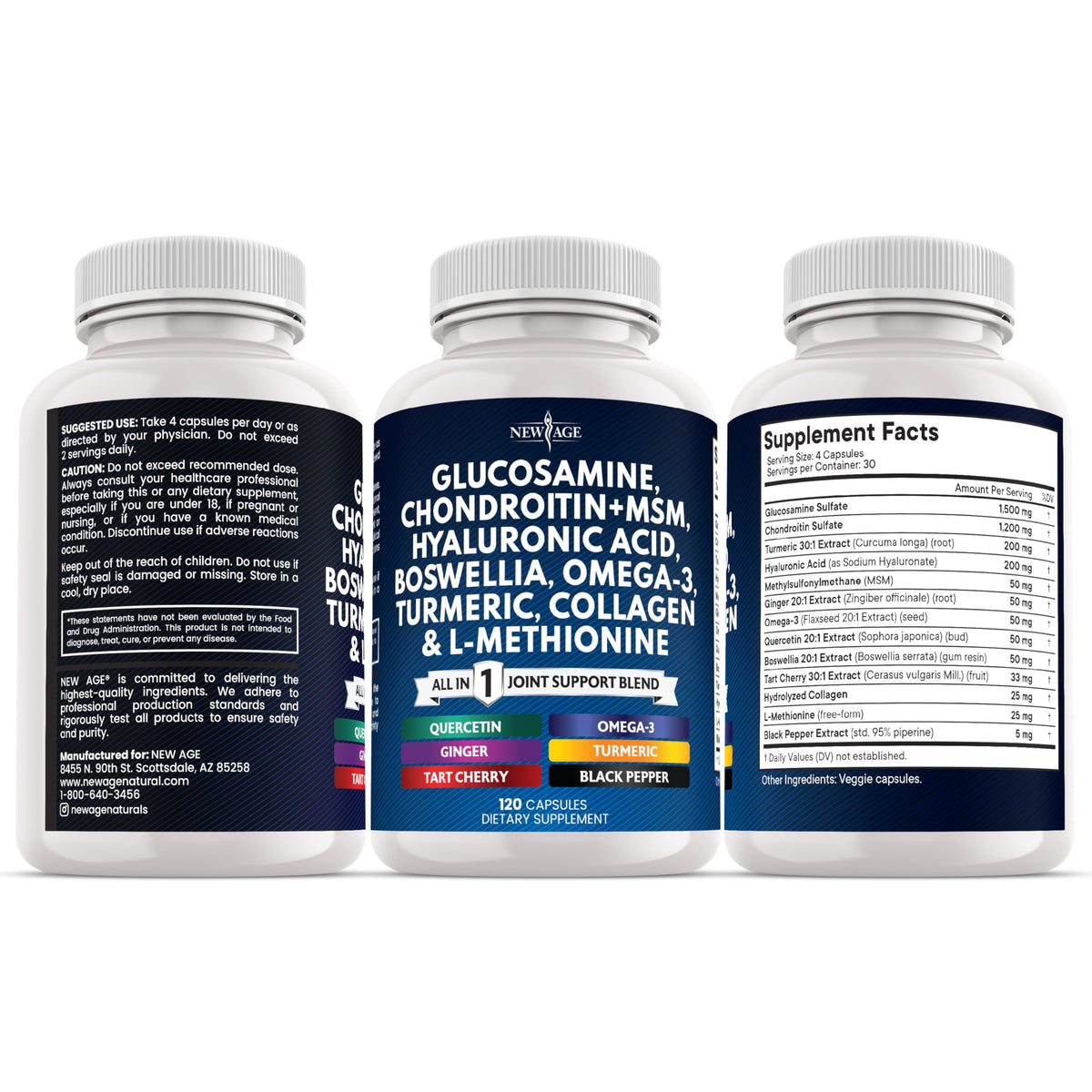 Glucosamine Chondroitin, MSM, Turmeric Curcumin, Collagen, Hyaluronic Acid, Omega 3 - Health Supplement for Men & Women - 240 Count
