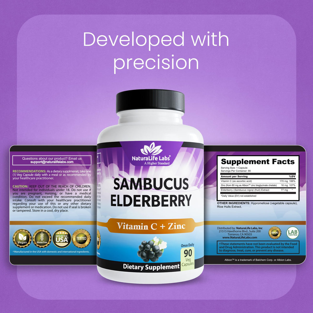 NaturaLife Labs Sambucus Elderberry Capsules - with Vitamin C & Zinc - Immune Support Supplement - 90 Vegan Capsules - Non-GMO & Gluten-Free