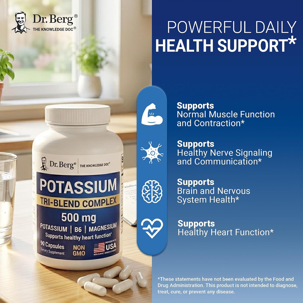 Dr. Berg Potassium Tri-Blend Complex - 500 mg Potassium Supplement for Muscle & Nerve Support* - Maximum Strength Potassium Formula w/Magnesium, B6 & Taurine - 90 Capsules