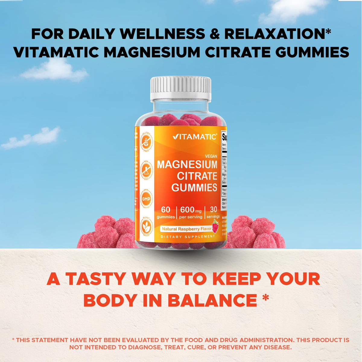 Vitamatic Magnesium Gummies 600mg per Serving - 60 Vegan Count for Relaxation, Muscle, Bone, and Energy Support