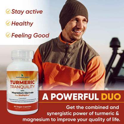 Turmeric Tranquility Turmeric Curcumin & Magnesium Glycinate with BioPerine - Support for Stress Relief, Sleep, Heart Health, Muscles, Metabolism, and Joint Health* - High Absorption - 90 Capsules (1)