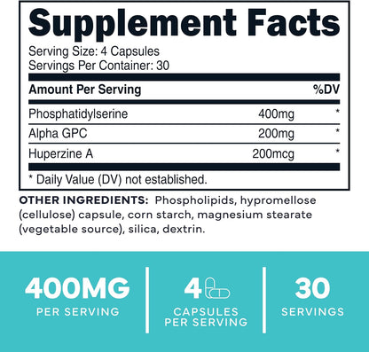 Type Zero Phosphatidylserine+ (400mg) 120 Capsules, 30 Servings - With Huperzine A + Alpha GPC, 3X Strength Nootropics Brain Support Supplement, Clean Focus & Memory