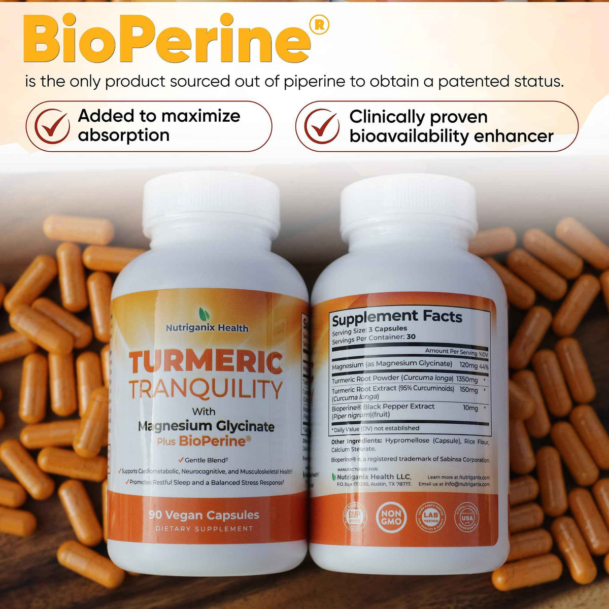Turmeric Tranquility Turmeric Curcumin & Magnesium Glycinate with BioPerine - Support for Stress Relief, Sleep, Heart Health, Muscles, Metabolism, and Joint Health* - High Absorption - 90 Capsules (1)