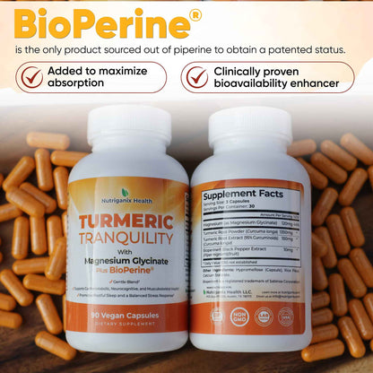 Turmeric Tranquility Turmeric Curcumin & Magnesium Glycinate with BioPerine - Support for Stress Relief, Sleep, Heart Health, Muscles, Metabolism, and Joint Health* - High Absorption - 90 Capsules (1)