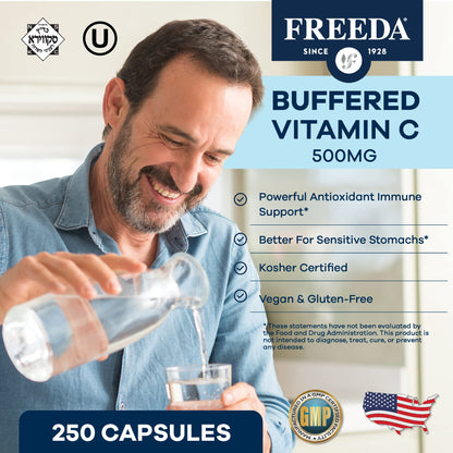 FREEDA Buffered Vitamin C 500mg for Immune Support - 100 Capsules - Includes 50mg Calcium - Supports Immune Health & Antioxidant Defense - Gentle on Stomachs, Kosher, Vegan, & Made in USA