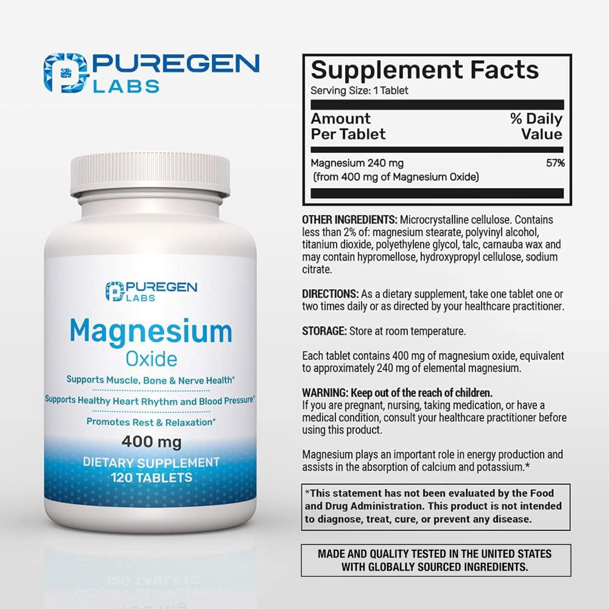 Magnesium 400mg [High Potency] Supplement - Magnesium Oxide for Immune Support, Muscle Recovery, Leg Cramps and Relaxation 120 Tablets