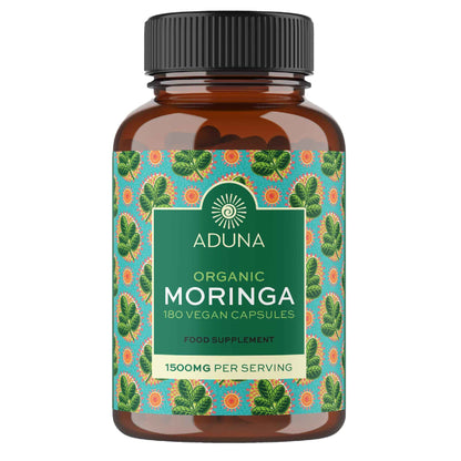 Aduna Organic Moringa Capsules 1500mg - 100% Pure Moringa Leaf for Energy, Immunity & Focus - Natural Plant-Based Food Supplement for Tiredness, Recovery & Breastfeeding - 180 Vegan Capsules