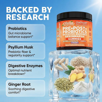 Clean Nutra Prebiotic Postbiotic Digestive Enzymes Gummies with Chicory Root, Boswellia Serrata, Turmeric, and Akkermansia - Pre+Post Probiotics Supplement