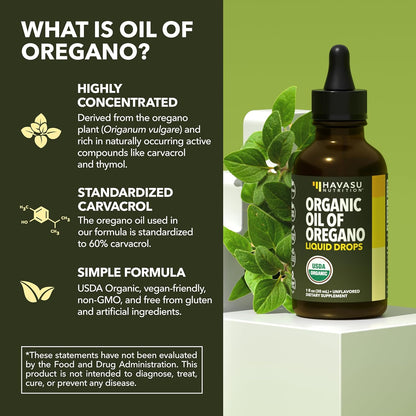 Organic Oil of Oregano Drops, 200 Servings, 1 Fl Oz High Strength Carvacrol - Oregano Oil Liquid Drops for Daily and Seasonal Immune Support, 6 Month Supply, Alcohol Free, Non-GMO, USDA Certified, Vegan