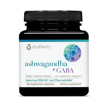 Youtheory Ashwagandha + GABA - Adaptogenic Blend with Organic KSM-66 & Ginger - Supports Energy Levels