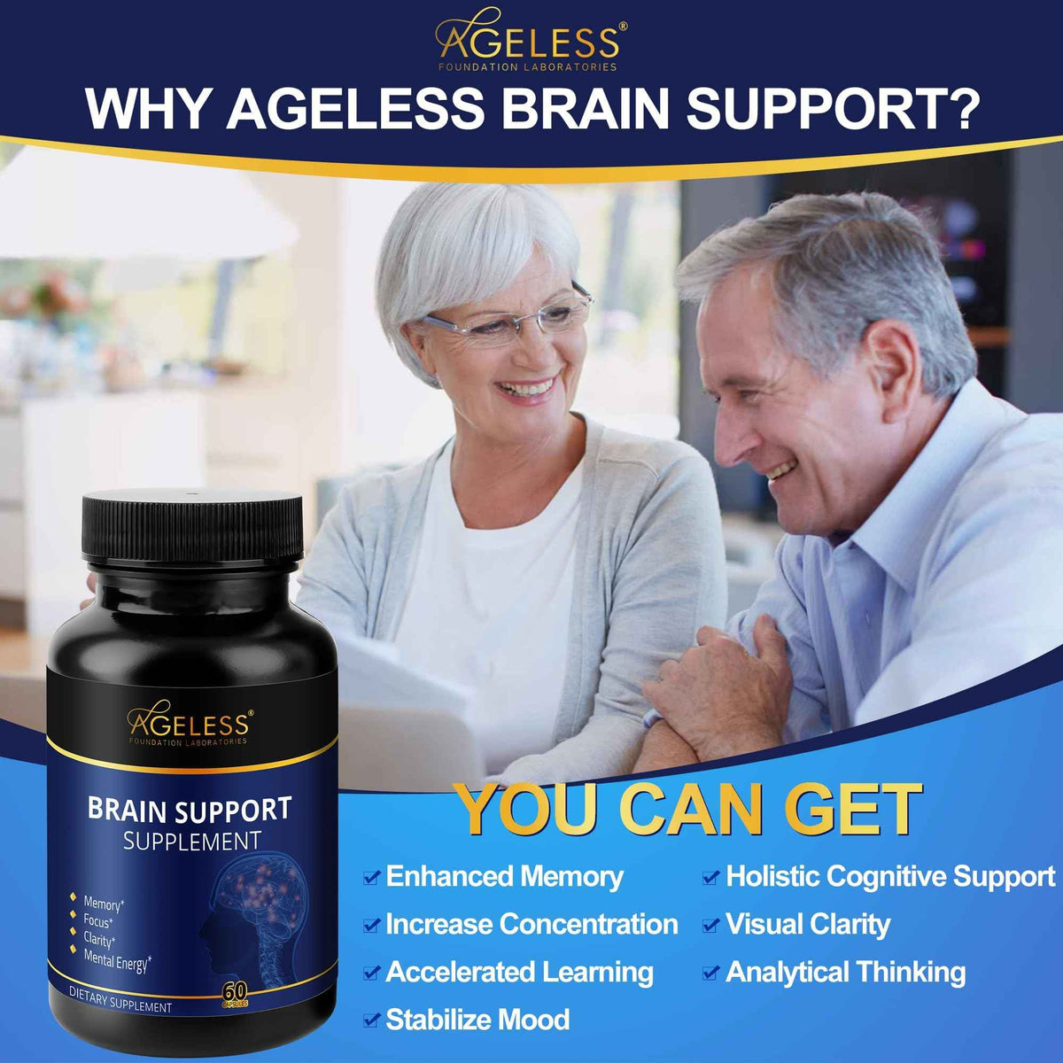 Ageless Brain Supplements for Memory and Focus 1000 MG - Cognitive Improvement - Formulated with Clinically Studied Ingredients - Support Mental Clarity & Neuro Health - Vitamin B6, B12, 60 Capsules