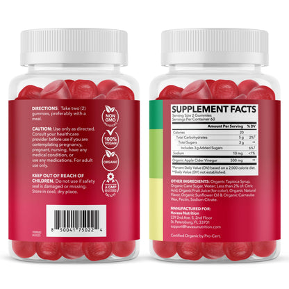 Apple Cider Vinegar Gummies, USDA Organic, Apple Flavor, 1-Month Supply - USDA Organic ACV Gummies for Digestive Health, Metabolism & Gut Support, Vegan, Gluten-Free, No Harsh Taste, 60ct