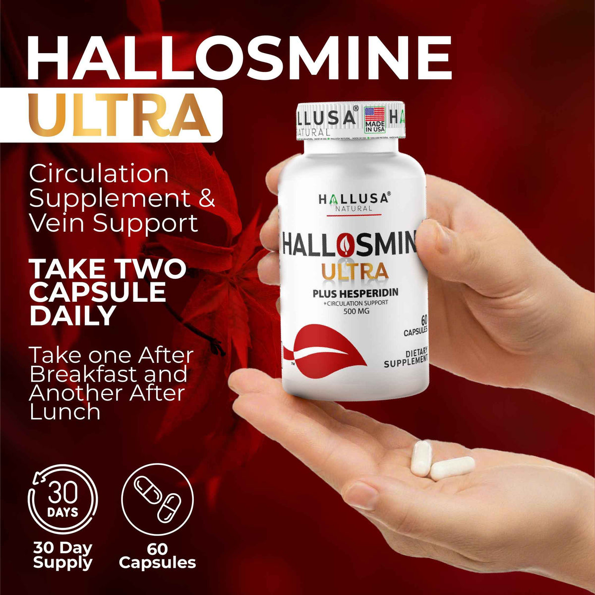 Hallosmine Ultra 650mg Diosmin Hesperidin, 60 Capsules + FREE Leg Cream with Diosmin, Hesperidin & Horse Chestnut, 4 oz - Blood Circulation & Vein Support Supplement, GMO Free, Gluten Free