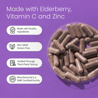 NaturaLife Labs Sambucus Elderberry Capsules - with Vitamin C & Zinc - Immune Support Supplement - 90 Vegan Capsules - Non-GMO & Gluten-Free