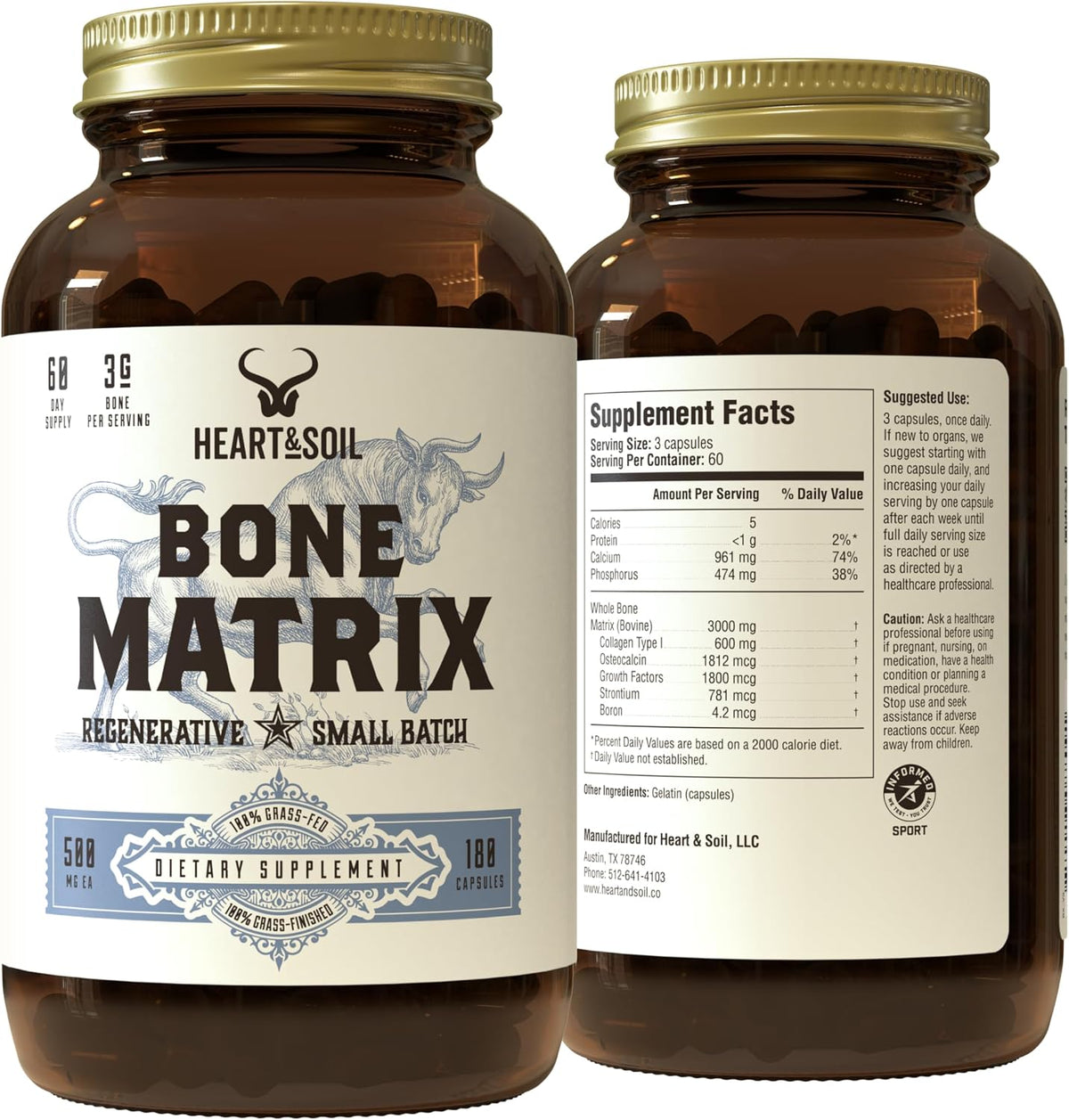HEART & SOIL Grass Fed Bone Matrix, 180 Capsules - Supports bone and joint health, strength, and flexibility.