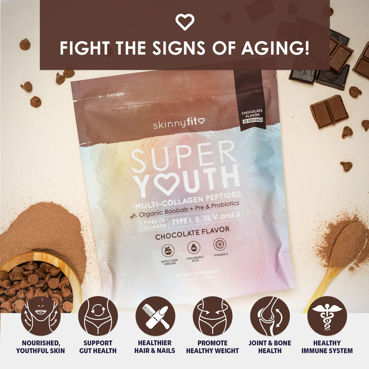 SkinnyFit Super Youth Chocolate Multi-Collagen Peptides + Probiotics, Baobab Fiber
