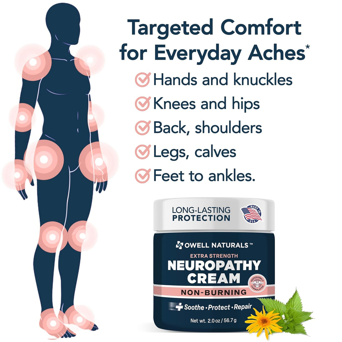 Owell Naturals Neuropathy Cream - Extra Strength Fast-Acting Comfort for Feet, Hands & Legs - Non-Burning Soothing Formula with Arnica - Cooling Skin Relief Cream, 2 oz