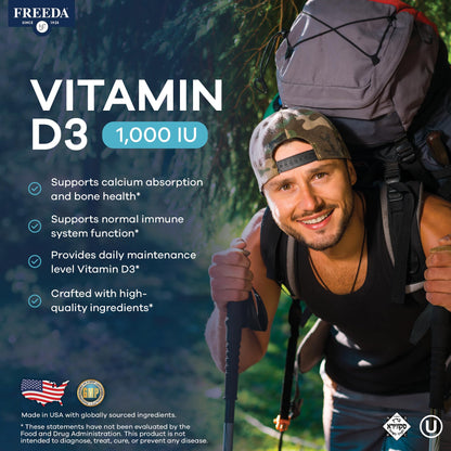 FREEDA Vitamin D3-1000 IU - Pure High Potency Kosher Supplement Tablets - Bone and Muscle Health, Calcium Absorption, Immune Support for Men and Women* - 100 Count - Supports Bone, Muscle & Immune Health - Helps Calcium Absorption - Easy-to-Swallow Tiny T