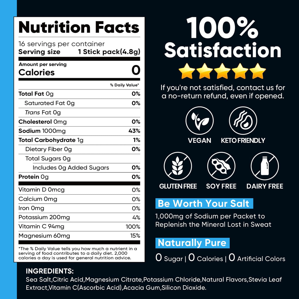 Venture Pal High Sodium Sugar Free Electrolytes Powder Packets, 16 Count - Hydration Packets with Sodium, Magnesium & Potassium, Vitamins, Zero Calories, Vegan, Keto & Paleo Friendly