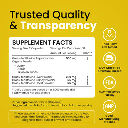 Beef Organ Supplement for Women - Grass Fed Liver, Uterus, Ovary, Heart, Kidney - 30+ Nutrients to Support Hormone Balance, Cycle Health, Energy, Immunity