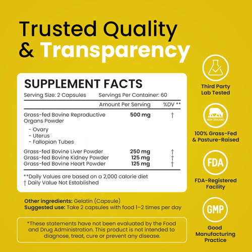 Beef Organ Supplement for Women - Grass Fed Liver, Uterus, Ovary, Heart, Kidney - 30+ Nutrients to Support Hormone Balance, Cycle Health, Energy, Immunity
