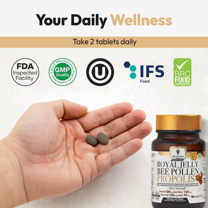 Bee and You Royal Jelly Tablet, Propolis Extract, Bee Pollen, 100% Natural Superfood, Ultra Pure, Immune Support Supplement, Improve Energy, Focus, Antioxidants, Fresh, Keto, Paleo, Gluten-Free - 60ct