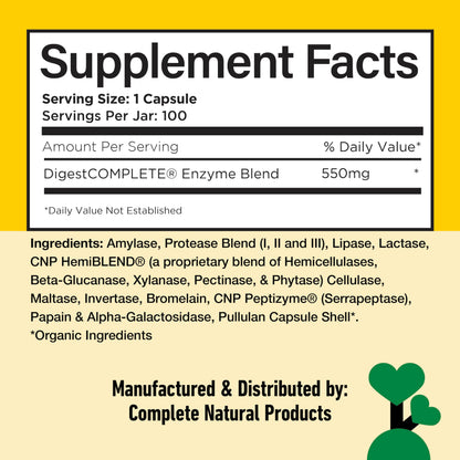 Complete Natural Products Digestive Enzyme Capsules, 550mg, 100ct - Plant-Based Formula