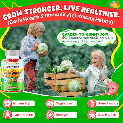FourRoar Vital Prime Super Green Gummies for Kids 90 Count Strawberry & Watermelon Flavor - Fruit and Vegetable Gummies - Vegan Veggies Gummy Multivitamin for Kids