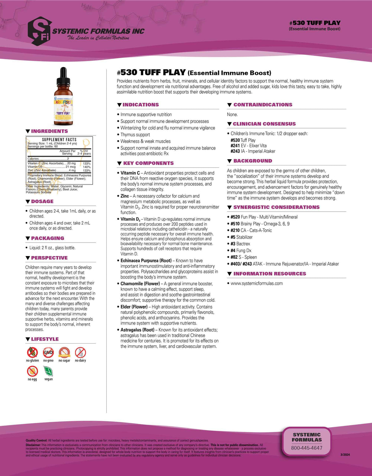 Systemic Formulas Tuff Play Kids Immune Support Supplement, 2 Fl Oz, with Vitamins C, D3 and Zinc #530