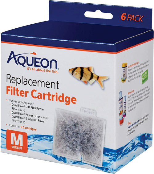 Aqueon Replacement Filter Cartridges Medium, Filter Cartridge, 6-Pack - Fish tank filter cartridge, dual-sided dense-floss with activated carbon, fits QuietFlow size 10 filters