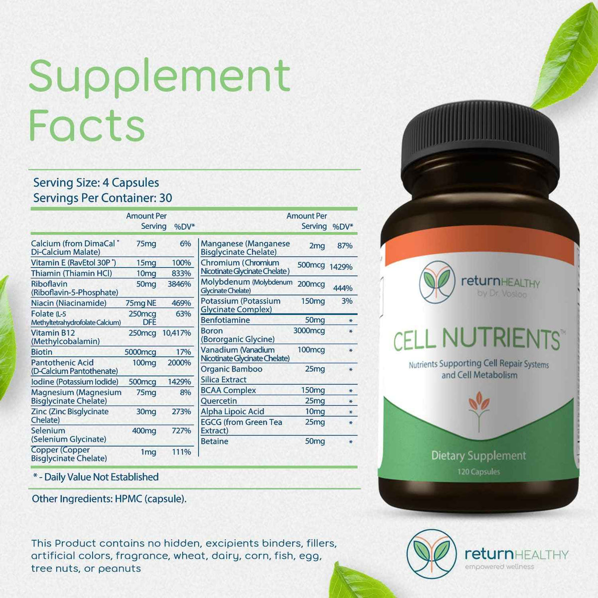 Return Healthy Cell Nutrients - Promotes Cell and Membrane Repair & Cell Metabolism - Helps Fight Tick-Borne Infections & More - Mitochondrial Supplements - Non-GMO, Vegan, 120 caps
