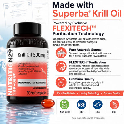 N29 Antarctic Krill Oil 500mg,60 softgels,Omega 3 Supplements with EPA,DHA - Astaxanthin,Phospholipid for Heart Brain Joint Skin Support,No Fishy Burps,Non-GMO, Gluten-Free