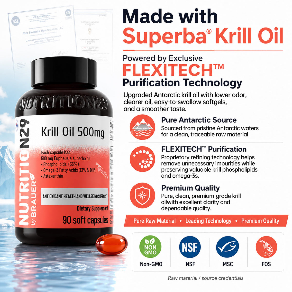 N29 Antarctic Krill Oil 500mg,60 softgels,Omega 3 Supplements with EPA,DHA - Astaxanthin,Phospholipid for Heart Brain Joint Skin Support,No Fishy Burps,Non-GMO, Gluten-Free