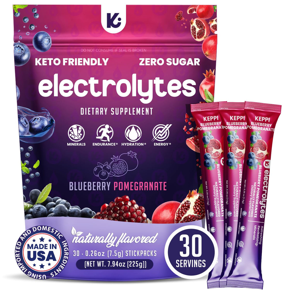 Keppi Electrolytes Powder Packets - Blueberry Pomegranate 30 Servings - No Sugar Hydration Supplement with Potassium, Magnesium, Sodium - Keto, Vegan