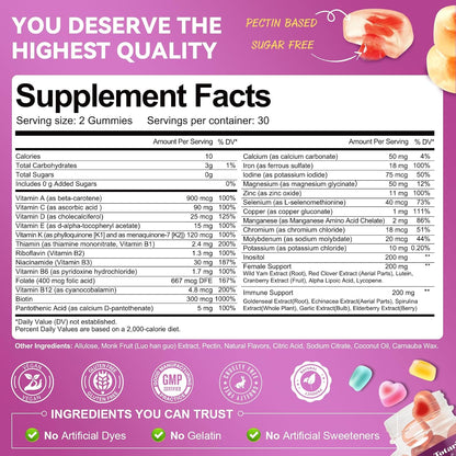 Totaria Sugar Free Womens Multivitamin Gummies with Iron, Women's Multivitamin w/Vitamins C, D3 K2, B12, B6, Filled Gummies for Daily Nutritional Support - Immune Support - Skin Health, Mixed Flavors
